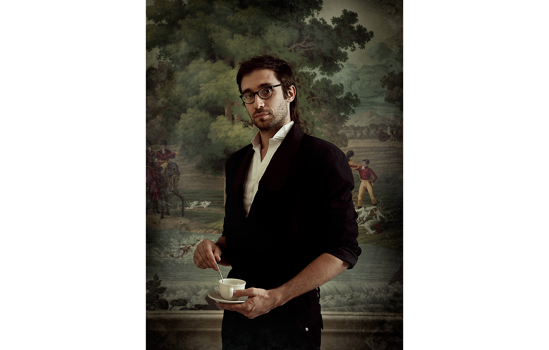 Portrait of man with Coffee cup with painted  background Dallas Texas