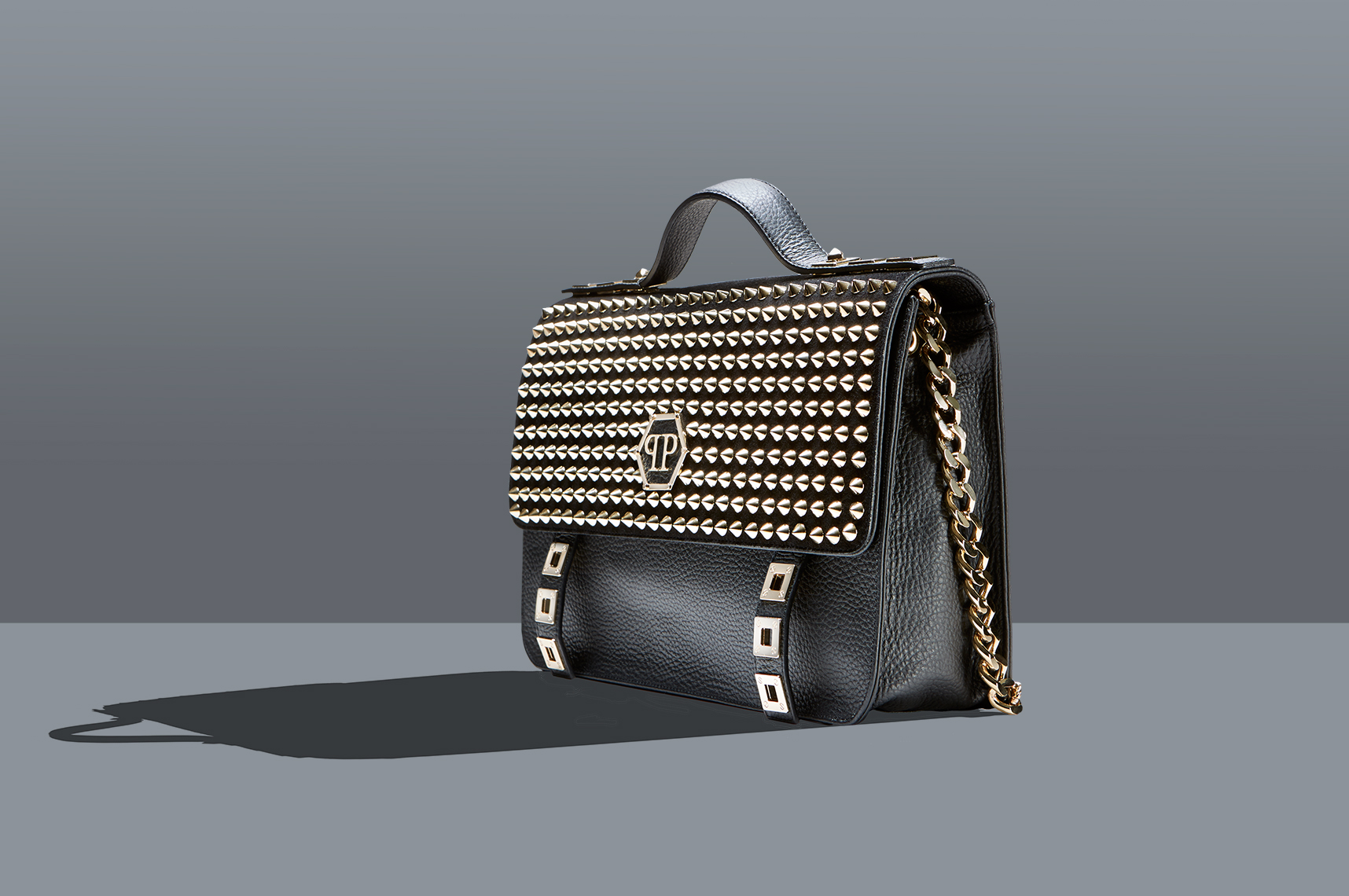 E Commerce Product Photography  Dallas Texas Black Philipp Plein Studded Hang Bag with Gold Chain